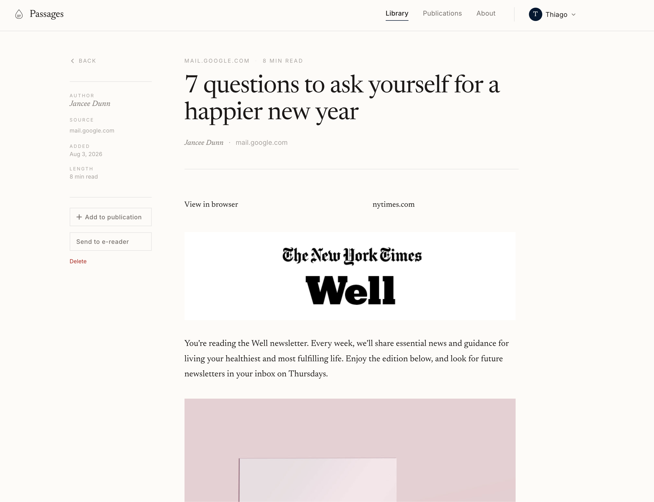 The Passages extension popup inside Gmail, saving a NYT Well newsletter